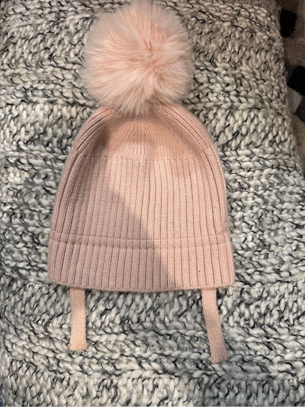 Zara Kids Light Pink Ribbed Pom-Pom Hat with Ear Ties